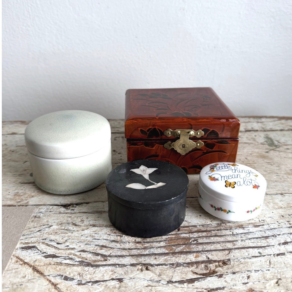 Vintage Trinket Box Set Hallmark Bone China Mother of Pearl Lacquer 4 Piece Lot